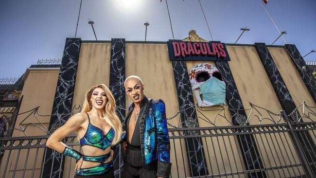 The mask covering the iconic skull will be ‘ripped from the building’ when the theatre reopens. Pictured are Dracula's Cabaret lead performers Amber Finch and Inia Dewar. Photo: Glenn Hunt / The Australian.