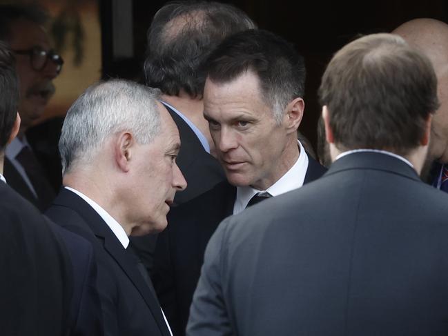 Former premier Morris Iemma (left) with current Premier Chris Minns at the funeral of Mr Minns’ father. Picture: Richard Dobson