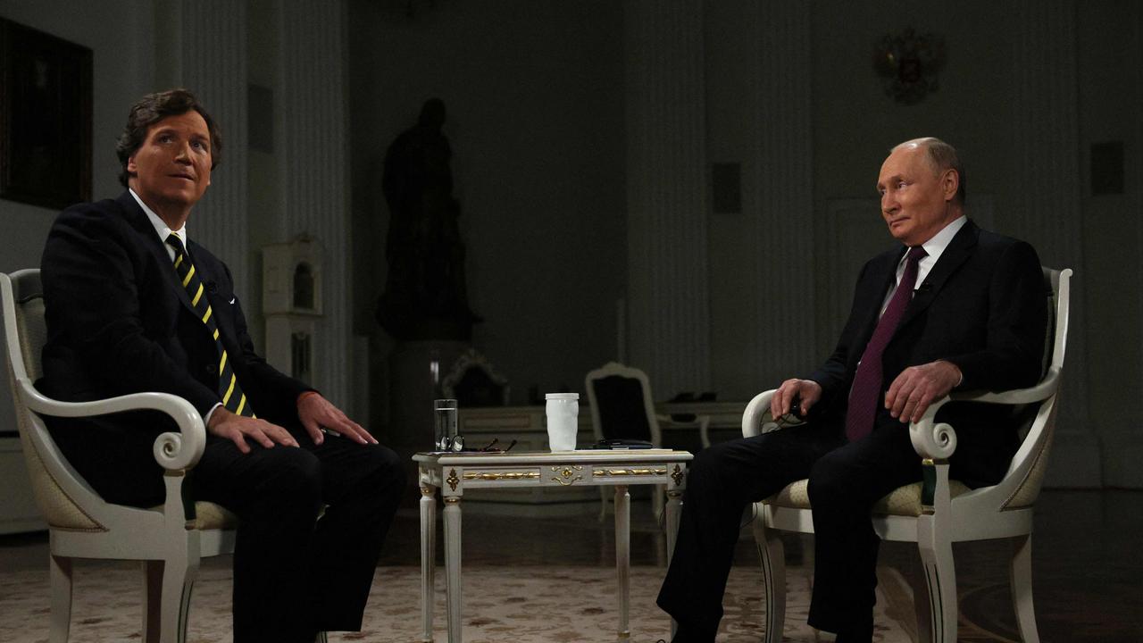 Russia's President Vladimir Putin gives an interview to US talk show host Tucker Carlson at the Kremlin in Moscow on February 6, 2024. Picture: Gavriil GRIGOROV / POOL / AFP