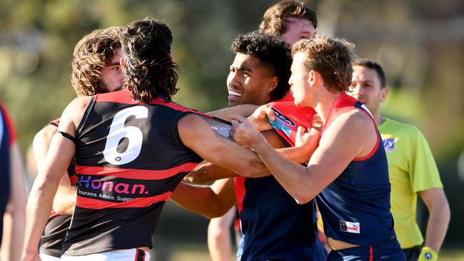 VAFA; Old Brighton and Old Xavierians players get into a scrap. Picture: Josh Chadwick