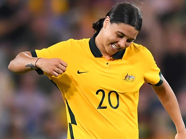 TOWNSVILLE, AUSTRALIA - APRIL 08: Sam Kerr of Australia celebrates at the final whistle during the International Women's match between the Australia Matildas and the New Zealand Football Ferns at Queensland Country Bank Stadium on April 08, 2022 in Townsville, Australia. (Photo by Albert Perez/Getty Images)