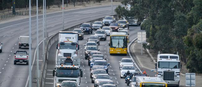 Traffic banked up on the South Eastern Freeway traffic downtrack near the toll gate. Picture: AAP/Brenton Edwards