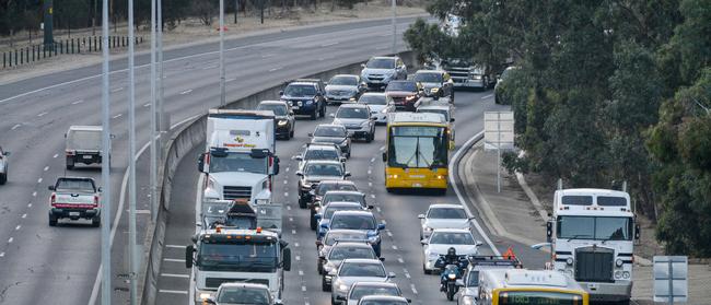 Traffic banked up on the South Eastern Freeway traffic downtrack near the toll gate. Picture: AAP/Brenton Edwards