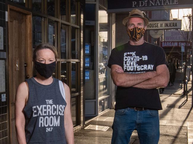 Footscray has for lease signs everywhere as the Covid lockdowns take a toll on Melbourne businesses. L-R Clare Lapworth (CML Studio), Leanna Falloon (The Exercise Room), Stuart Lucca-Pope (Littlefoot Bar) and Colin Wood  (Lay Low Bar) Picture: Jason Edwards