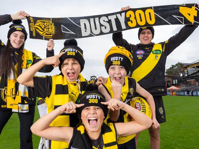 Kate Montgomery and Nathaniel Lowe with Charlie, 9, Alfie, 11 and Jack, 8 ahead of Dusty’s 300th game. Picture: Jason Edwards