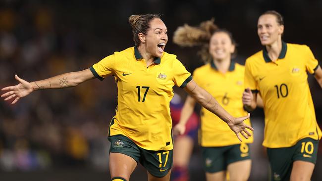 Simon, pictured in 2021, debuted for the Matildas at age 16. Picture: Cameron Spencer/Getty Images.