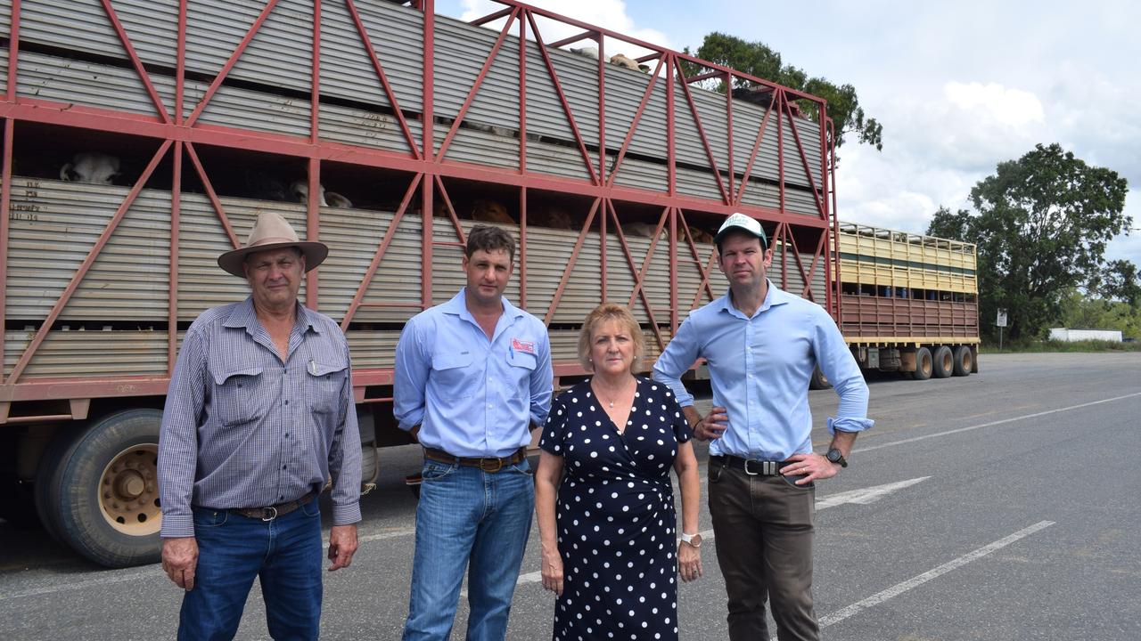 Banana Shire Council mayor Nev Ferrier, Gracemere Livestock Transport owner Alister Clarke, Capricornia MP Michelle Landry and Senator Matt Canavan at the Gracemere saleyards on Beef Road corridor funding.