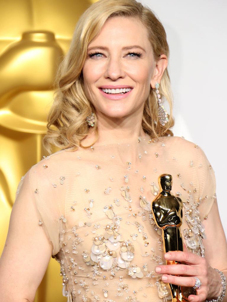 Cate Blanchett with her Oscar for Blue Jasmine. Picture: Supplied