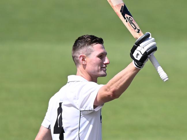 HOBART, AUSTRALIA - FEBRUARY 23: Cameron Bancroft of Western Australia celebrates scoring a century during the Sheffield Shield match between Tasmania and Western Australia at Blundstone Arena, on February 23, 2023, in Hobart, Australia. (Photo by Steve Bell/Getty Images)