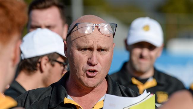 Glenelg coach Brett Hand during the Round 14 win over Sturt. Picture: Brenton Edwards