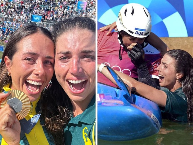 Noemie and Jess Fox celebrate another gold medal.