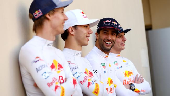 The Red Bull Racing and Scuderia Toro Rosso drivers for 2018, Brendon Hartley of New Zealand and Scuderia Toro Rosso, Daniel Ricciardo of Australia and Red Bull Racing, Pierre Gasly of France and Scuderia Toro Rosso and Max Verstappen of Netherlands and Red Bull Racing. (Photo by Dan Istitene/Getty Images)