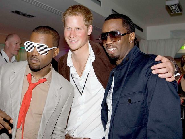 Prince Harry with P Diddy and Kanye West at the after-concert party the royal’s hosted to thank all who took part in the 