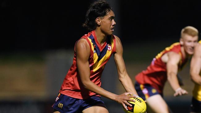 Jase Burgoyne in action for Team Grundy during the AFL Draft Combine Boys All Stars Game at Thebarton Oval in Adelaide last October. Picture: AFL Photos