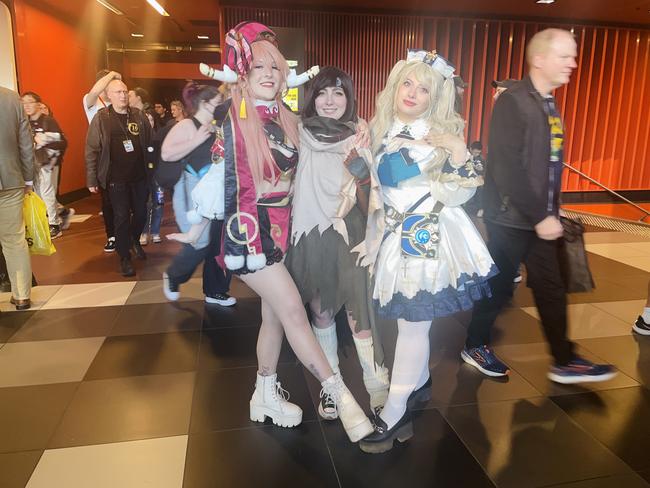 PThe PAX Aus Convention at the Melbourne Convention and Exhibition Centre (MCEC) on Saturday, October 12, 2024: Hannah Rusconi, Ella McKie and Louise Puglisi. Picture: Jack Colantuono