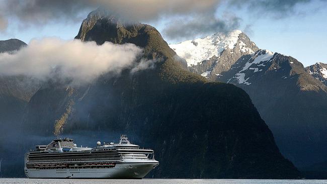 The P&amp;O Sapphire Princess sailing through Milford Sound in New Zealand.