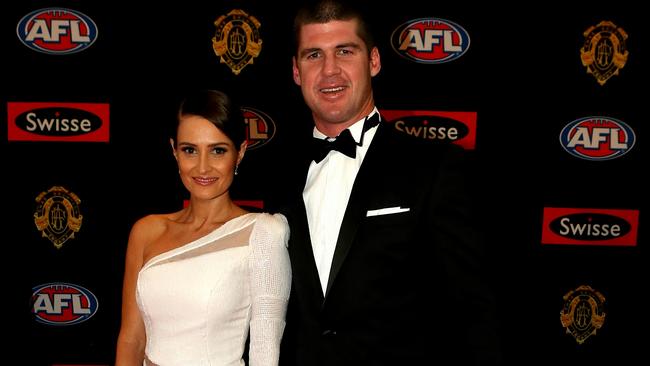 Jonathan and Kylie Brown on the red carpet during the arrivals for the 2014 AFL Brownlow Medal. Picture: Tim Carrafa