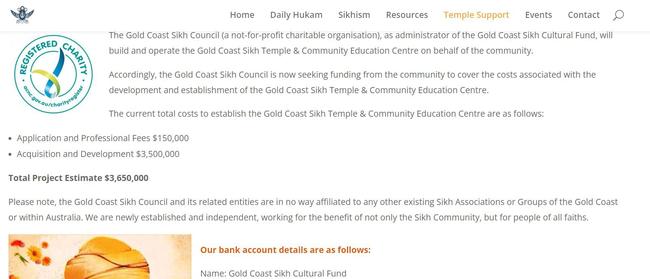 Screenshots from the Gold Coast Sikh Temple website taken on June 10, 2024.