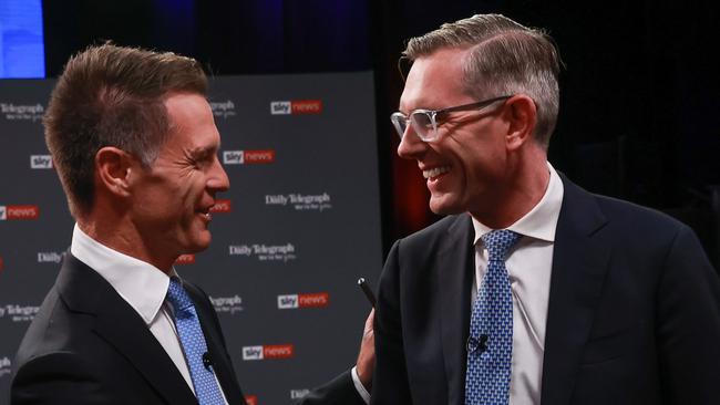 **Embargoed for The Daily Telegraph***.22, March, 2023., NSW Labor leader, Chris Minns, and NSW Premier Dominic Perrottet, meet at the start of The NSW PeopleÃ•s Forum. Sky News televised debate, at Penrith Panthers Rugby Leagues Club, Penrith, tonight., , Picture: Justin Lloyd.