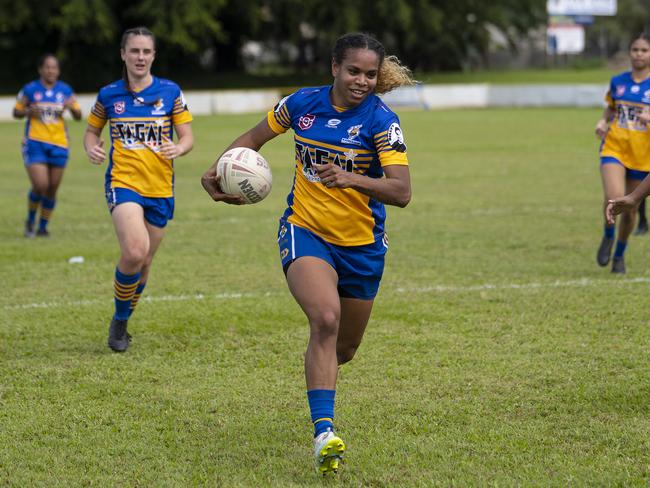 Genavie Tabuai of the Kangaroos in action during the CDRL Women's: Kangaroos v Mossman-Port Douglas Sharks at Vico Oval on Sunday. Picture Emily Barker