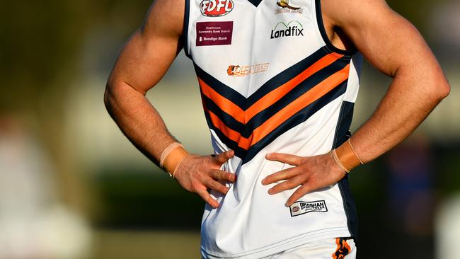 A Burnside Heights player looks on following the round two Strathmore Community Bank Division Two Seniors match between the Northern Saints and Burnside Heights at Charles Mutton Reserve, on April 20, 2024, in Melbourne, Australia. (Photo by Josh Chadwick)