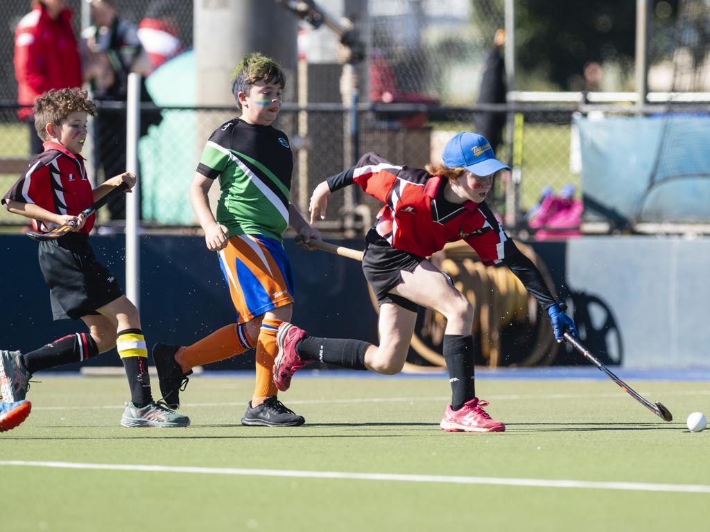 Ripley Wood of Past High against Newtown Norths Tigers in under-11 boys Presidents Cup hockey at Clyde Park, Saturday, May 27, 2023. Picture: Kevin Farmer