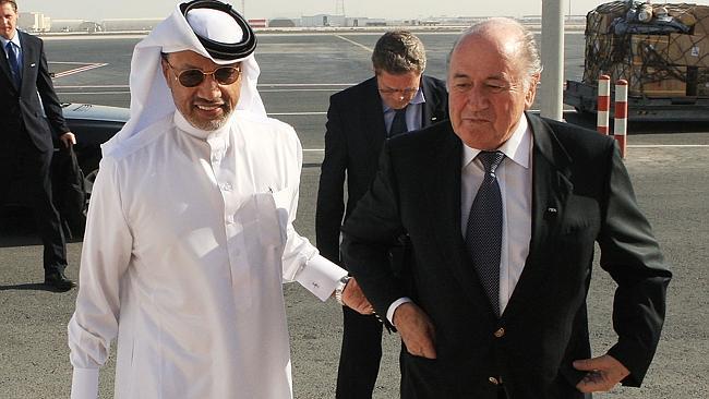  FIFA president Sepp Blatter (R) is greeted by Asian Football Confederation (AFC) president Mohammed bin Hammam (L) upon his ...