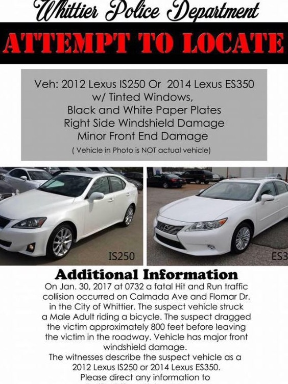 A police appeal notice for the damaged car. Picture: Whittier Police Department.