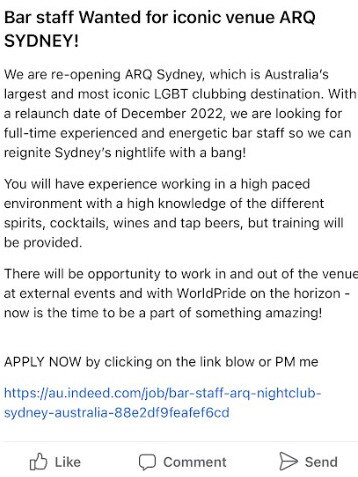 The job call-out shared in a Sydney hospitality Facebook group was quickly removed. Picture: Supplied
