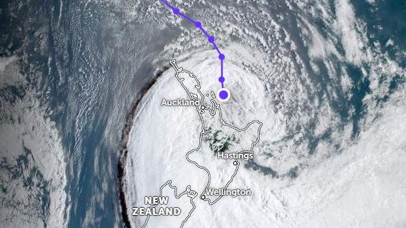 Cyclone Gabrielle hit New Zealand on Monday. Satellite image from 7am AEDT, February 14. Picture: Zoom Earth