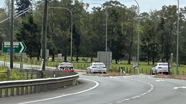 A barricade on the Bruxner Highway intersection with Sneaths Rd at Wollongbar in northern NSW on Thursday. Picture: Cath Piltz