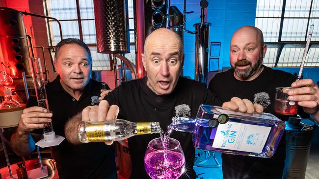 Snowgum Distillery’s Joe Wilkinson, John Conte and Jurgen Schludi. Picture: Jason Edwards