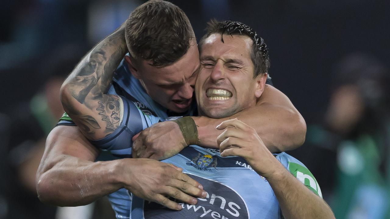 Mitchell Pearce of the Blues reacts after winning try during Game 3.