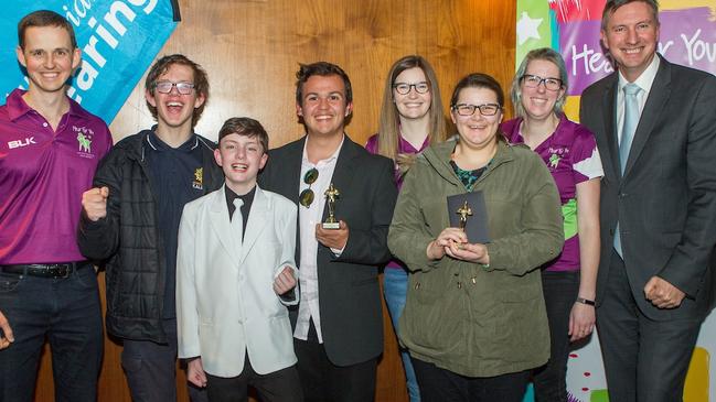 The winners of Australia’s film festival by deaf teenagers, the Hear For You Film Festival, with officials.