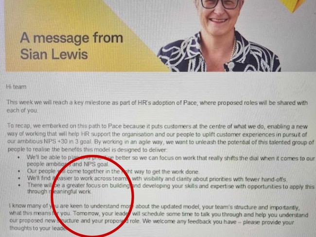 The email from CBA group executive, human resources, Sian Lewis.