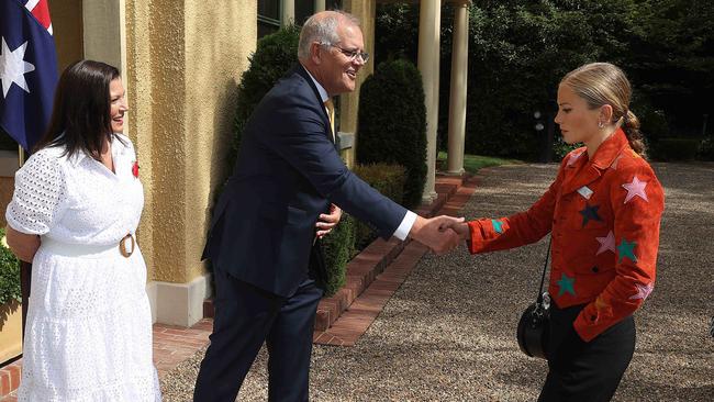 Prime Minister Scott Morrison and his wife Jenny and Grace Tame at the 2022 Australian of the Year Finalists Morning Tea, at the Lodge in Canberra. Picture: NCA NewsWire / Gary Ramage