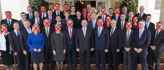 The Turnbull ministry in 2016. The crossed out faces have either left the ministry or are planning to leave parliament.