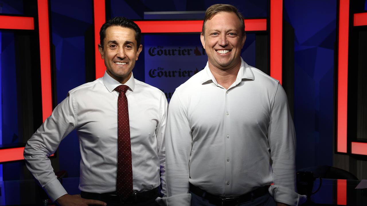 Premier Steven Miles (right) and Opposition Leader David Crisafulli at a Courier-Mail debate earlier this year