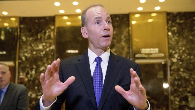 Boeing CEO Dennis Muilenburg speaks to members of the media after meeting with President-elect Donald Trump at Trump Tower in New York. (AP Photo/Andrew Harnik)