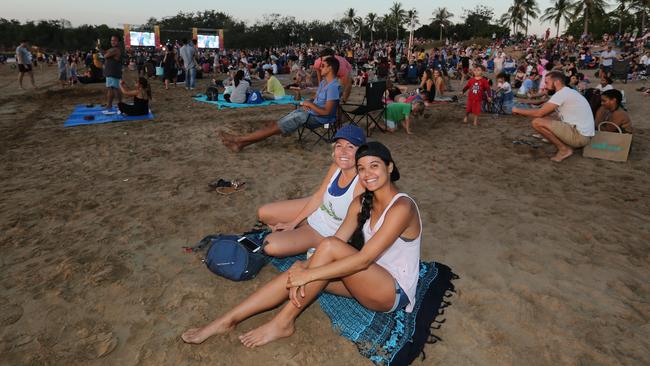 Kelly Fuller, left, and Jamie Moe at Mindil Beach for theTerritory Day fireworks. Picture: Glenn Campbell