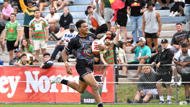 Selwyn Cobbo showed no signs of slowing down in 2023, scoring a hat-trick for the Indigenous side. Picture: NRL Photos.