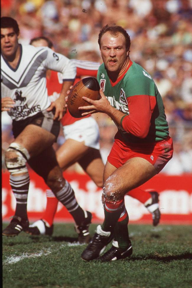 Wynnum Manly’s Wally Lewis faces off with Souths’ Mal Meninga in the 1985 BRL grand final. Souths won 10-8.