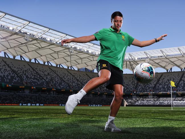 Matildas captain Sam Kerr poses for a portrait at Bankwest Stadium, Parramatta. Picture: Brett Costello