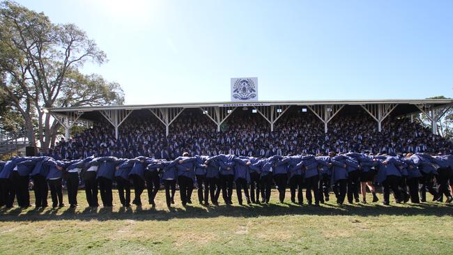 Year 12 students celebrate the reopening Nudgee College's completed grandstand. Picture: Supplied