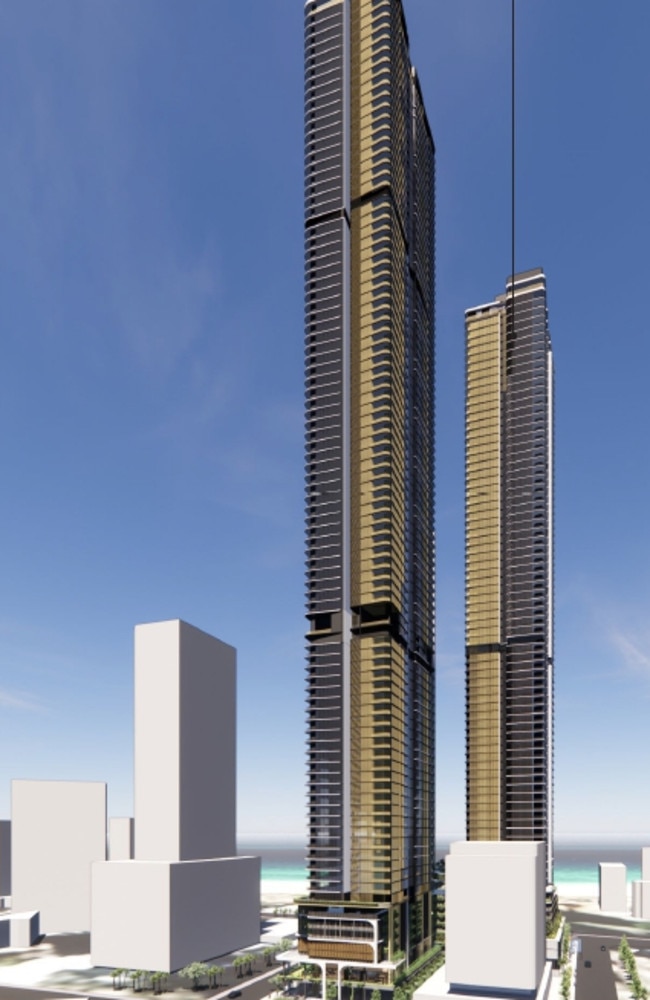 Artist impression of Harry Triguboff's Cypress towers in Surfers Paradise. Meriton have lodged revised plans dropping the number of towers from three to two. Picture: Supplied