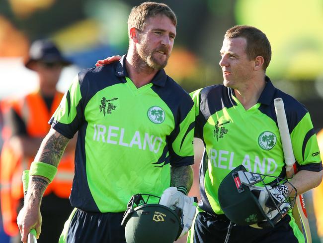 NELSON, NEW ZEALAND - FEBRUARY 16: John Mooney (L) and Niall O'Brien of Ireland celebrate after winning the 2015 ICC Cricket World Cup match between the West Indies and Ireland at Saxton Field on February 16, 2015 in Nelson, New Zealand. (Photo by Hagen Hopkins/Getty Images)