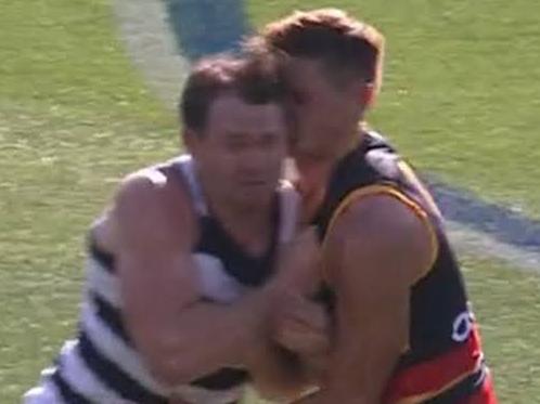 Patrick Dangerfield's bump on Jake Kelly that saw him leave the ground on a stretcher. Picture: Fox Footy