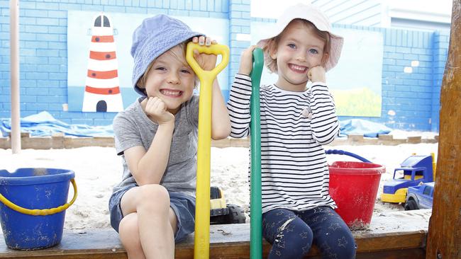 Twins Mila, right, 4, and Zach, 4, at Paradise Point Kindyland. Picture: Tertius Pickard