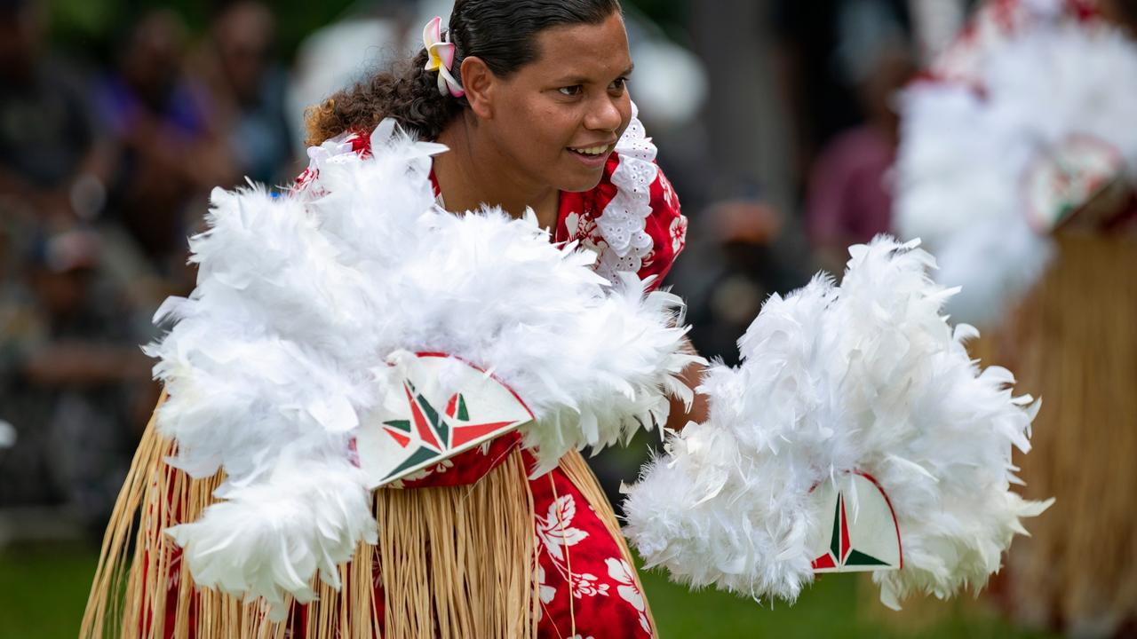 A Badu Bomber dancer performs a traditional dance during the Torres Strait Island Light Infantry Battalion 80th anniversary ceremony held at Thursday Island. Picture: Supplied