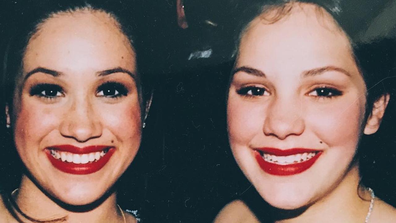 Meghan Markle, left, as you’ve never seen her before, pictured with music theatre star Katharine McPhee. Picture: Instagram